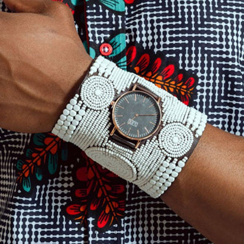 The Nomad Cuff Timepiece. A colorfully beaded, custom-fit, 4-inched cuff size watch.