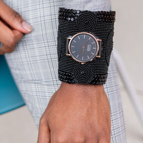 The Nomad Cuff Timepiece. A colorfully beaded, custom-fit, 4-inched cuff size watch.