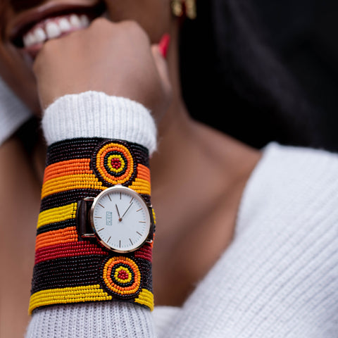 The Nomad Cuff Timepiece. A colorfully beaded, custom-fit, 4-inched cuff size watch.