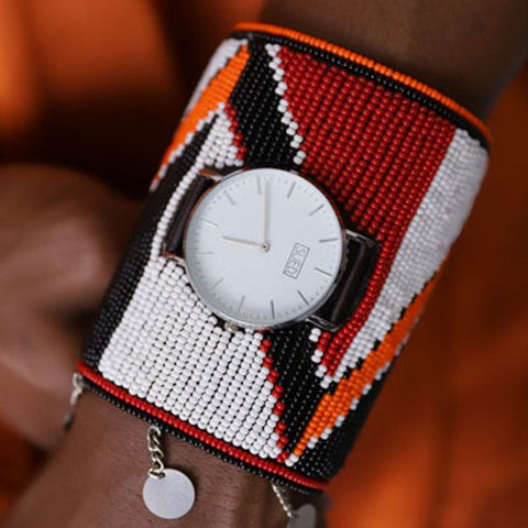 The Nomad Cuff Timepiece. A colorfully beaded, custom-fit, 4-inched cuff size watch.