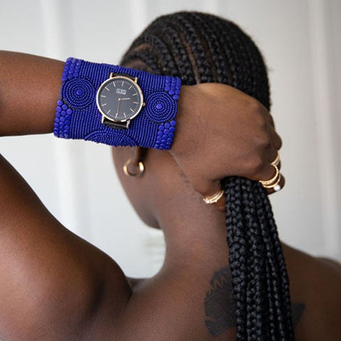 The Nomad Cuff Timepiece. A colorfully beaded, custom-fit, 4-inched cuff size watch.