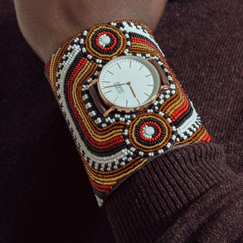 The Nomad Cuff Timepiece. A colorfully beaded, custom-fit, 4-inched cuff size watch.