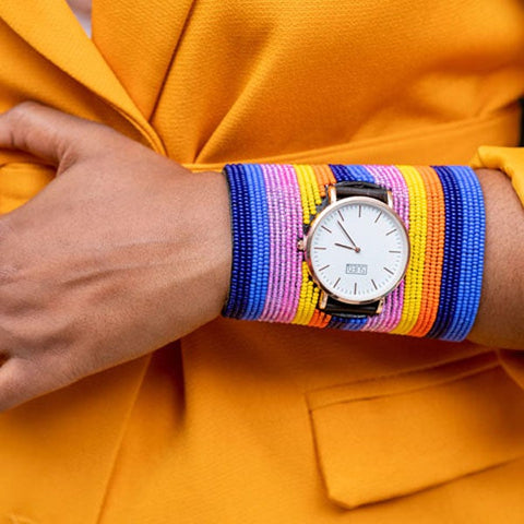 The Nomad Cuff Timepiece. A colorfully beaded, custom-fit, 4-inched cuff size watch.